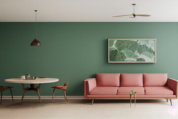 Luxury Sage Green Statement wall Mid century Modern Living interior Dining room living room Mockup with minimal staged furniture Made with Generative Ai