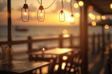  a table and chairs with lights hanging from the top of them on a deck overlooking the ocean at sunset or sunrise or sunset with a boat in the distance.  generative ai - obrazy, fototapety, plakaty