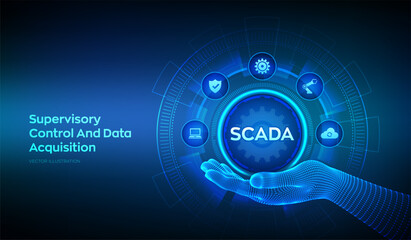 SCADA system icon in wireframe hand. Supervisory Control And Data Acquisition technology concept. Control system architecture comprising computers, networked data communications. Vector illustration.