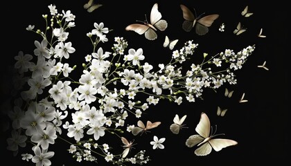  a bunch of white flowers and some butterflies flying over them on a black background with a black background and a black background with white flowers.  generative ai