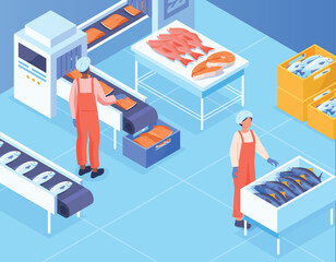 Fish production conveyor. Automation of production, workers follow meat processing machines. Natural and organic product, canned food. Poster or banner for site. Cartoon isometric vector illustration
