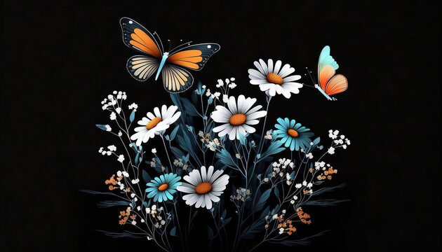  a painting of a bouquet of daisies and butterflies on a black background with a butterfly flying over the bouquet of daisies and daisies.  generative ai
