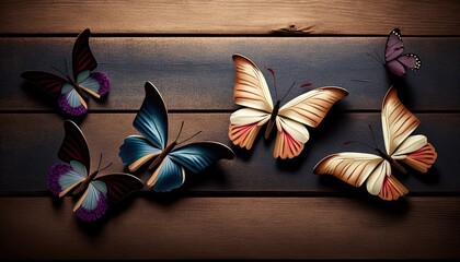  a group of three butterflies sitting on top of a wooden floor next to each other on a wooden floor next to a wooden planked wall.  generative ai