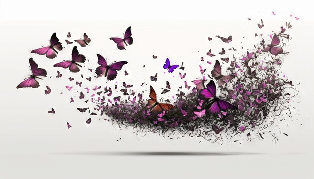  a group of purple butterflies flying in the air over a white background with a shadow of a person's head on the left side of the image.  generative ai