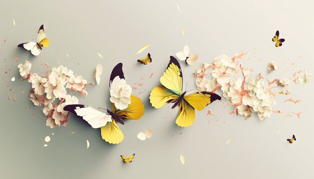  a group of yellow and white butterflies flying over a white background with pink and white flowers and petals on the bottom of the image are scattered petals.  generative ai