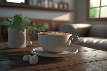  a cup of coffee sitting on top of a wooden table next to a vase with a plant in it and some balls on the table.  generative ai