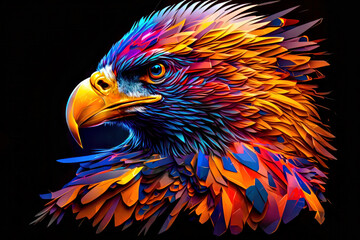 colorful eagle head on black background. 3d rendering. Computer digital drawing.