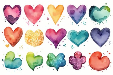  a set of watercolor hearts with different colors and shapes on a white background with a splash of paint on the bottom of the hearts.  generative ai