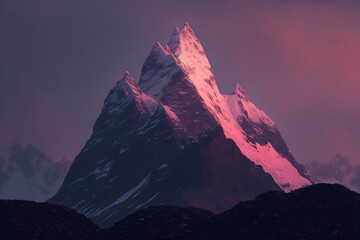  a very tall mountain covered in snow under a cloudy sky with pink light coming from the top of the mountain in the distance is a pink hue.  generative ai