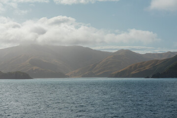 Marlborough Sounds in Neuseeland vom Meer aus in weichem Licht mit blauem Himmel und Sonne und Hügeln.