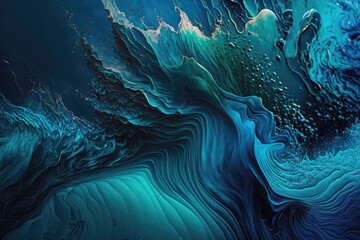 Fototapeta na wymiar Fluid colors, ocean theme, liquid colors, blue and green paints, abstract background. Generative AI.