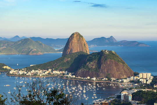 Rio de Janeiro, RJ, Brazil, 01/22/2023 - Sugar Loaf and Urca Mountains and Botafogo Cove - view from Dona Marta Belvedere