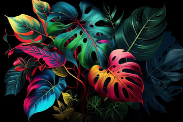 Monstera colorful leaves background. Tropical plants full of colors. Botanical gardening to decorate spaces plentry of vibrant life.