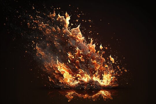  a fire with lots of orange and yellow flames coming out of the top of it, on a black background with a reflection of the bottom half of the image.  generative ai