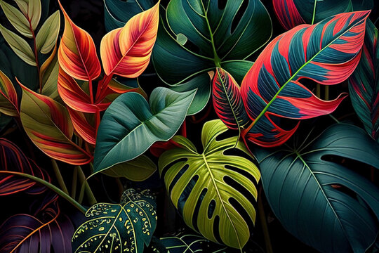 Monstera and Calathea colorful leaves background. Tropical plants full of colors. Botanical gardening to decorate spaces plentry of vibrant life. 