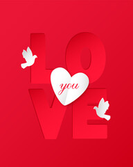 Fototapeta na wymiar Love You phrase with dove on a red background for Valentine's Day. Greeting card in digital craft style. EPS 10.