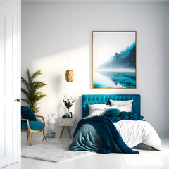 Cozy modern bedroom interior with blue bed and decoration room on a black or white wall background, Generative AI
