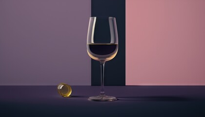  a glass of wine with a half of it sitting on a table next to a bottle of wine and a half of the wine glass.  generative ai