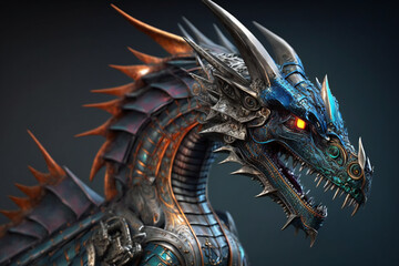 Fototapeta na wymiar Robo Dragon - Mythology creature - fantasy illustration - wyvern - Generative AI