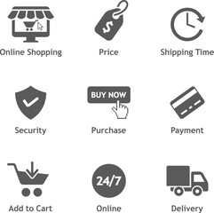 Online shopping icons. Shopping vector icon set. E-commerce black icons