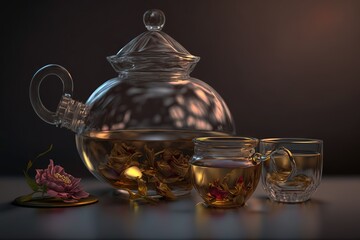 a glass tea pot and two cups filled with tea on a table next to a plate with a flower on it and a glass tea pot with a lid.  generative ai