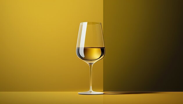  a glass of wine sitting on top of a table next to a yellow wall with a shadow of a wine glass on the floor next to the glass.  generative ai