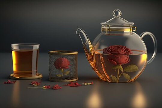  a glass teapot with a rose in it next to a cup of tea and a canister of rose petals on a table with a black background.  generative ai