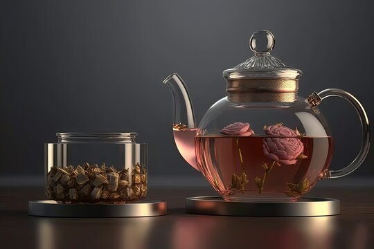  a glass teapot with a rose in it next to a glass tea cup with a tea strainer and a glass tea pot with a rose in it.  generative ai
