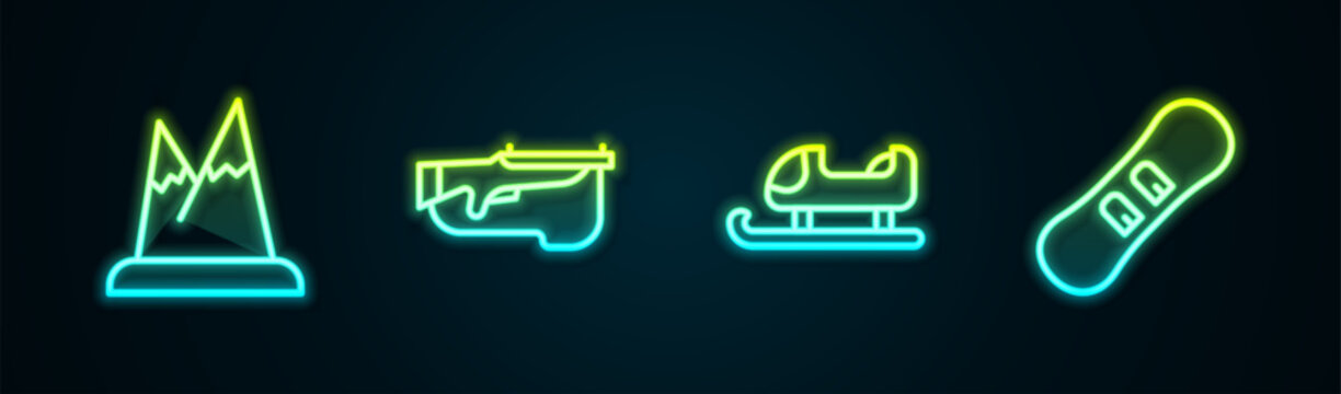 Set line Mountains, Biathlon rifle, Sled and Snowboard. Glowing neon icon. Vector