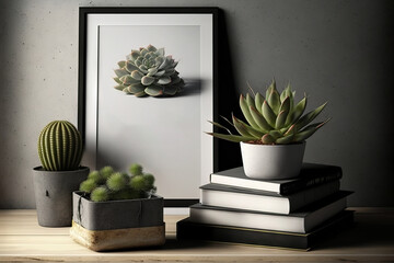  a picture of a cactus and some books on a table next to a picture of a plant and a cactus in a pot on top of some books.  generative ai