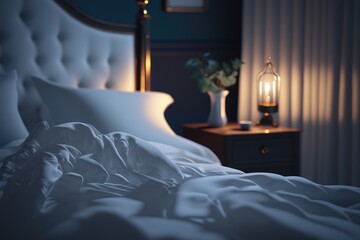  a bed with a white comforter next to a night stand with a vase of flowers and a lamp on top of the headboard.  generative ai