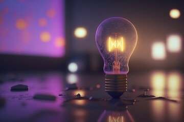  a light bulb sitting on top of a table next to a purple light filled room with other lights on the floor and a purple light in the background.  generative ai