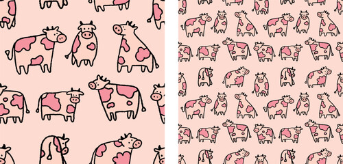 Strawberry Pastel Pink Cow Milk Hand-Drawn Cute Seamless Pattern Vector Illustration