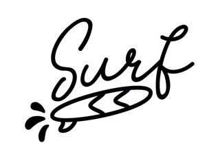Obraz premium Surf. Minimal vector logo. Summer illustration. Surfboard design badge, sign. Black and white icon surf on waves. Typography lettering logo with silhouette of surfboard. Tee, t-shirt design.