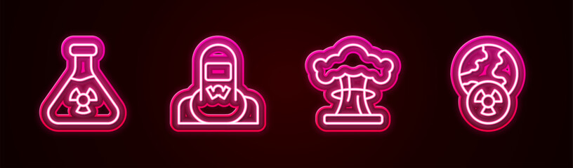 Set line Test tube radiation, Nuclear reactor worker, explosion and Planet earth and. Glowing neon icon. Vector