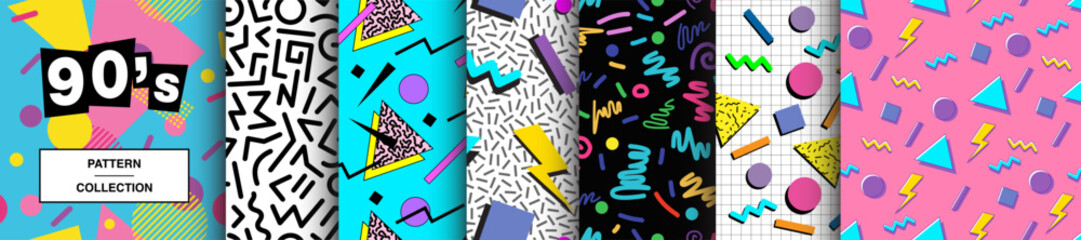 90's Seamless Pattern Collection. Set of vivid, trendy, retro style patterns from 1990. Funky, abstract and vintage graphics for fabric, textile, apparel. Vector designs for wrapping papper. - obrazy, fototapety, plakaty