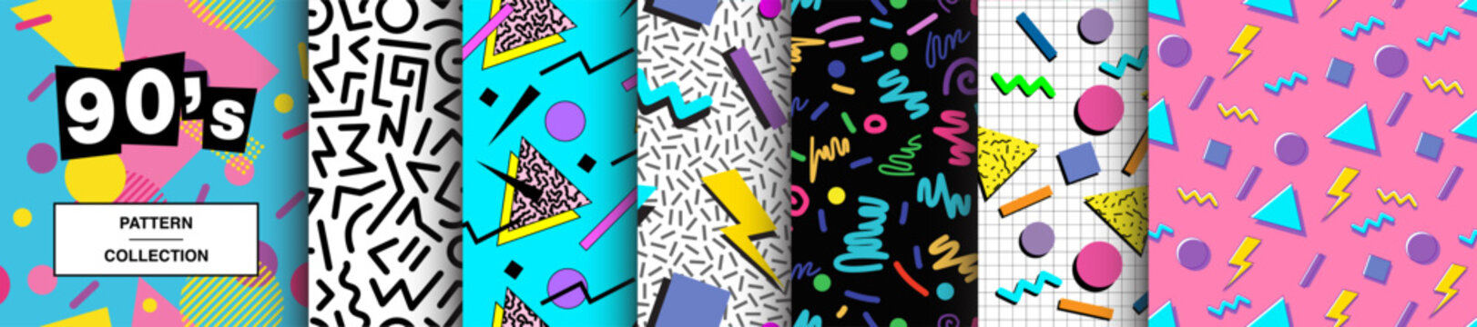 90's Seamless Pattern Collection. Set of vivid, trendy, retro style patterns from 1990. Funky, abstract and vintage graphics for fabric, textile, apparel. Vector designs for wrapping papper.