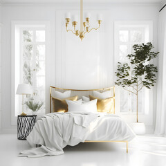 Cozy modern bedroom interior with gold bed and decoration room on a gold or white wall background, Generative AI
