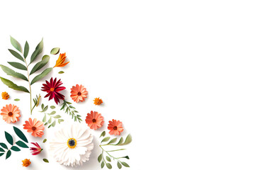 Composition of flowers. Frame pattern made from different dried flowers and leaves on white background. Flat lay, top view, copy space. Generative AI