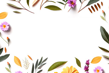 Composition of flowers. Frame pattern made from different dried flowers and leaves on white background. Flat lay, top view, copy space. Generative AI