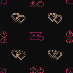 Set line Love text, Two Linked Hearts and Envelope with Valentine heart on seamless pattern. Vector