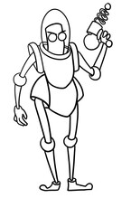 grumpy/angry alien explorer character with sci-fi gun line art handdrawn illustration PNG