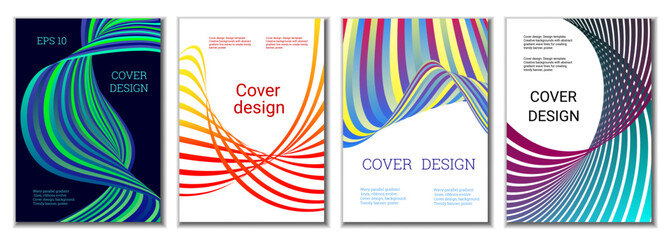 A set of 4 abstract covers. Wavy parallel gradient lines, ribbons evolve. Cover design, background. Trendy banner, poster.