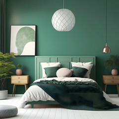 Cozy modern bedroom interior with green bed and decoration room on a green or white wall background, Generative AI
