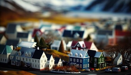miniature style bird eye view picture of small town, inspired from Iceland landscape, Generative Ai not real place