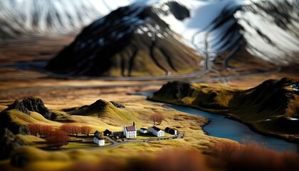 miniature style bird eye view picture of small town, inspired from Iceland landscape, Generative Ai not real place