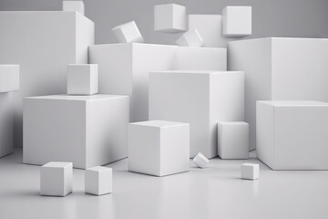  a bunch of white boxes sitting on top of a white floor next to each other on a white floor with a gray wall in the background.  generative ai