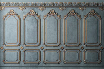 Classic wall of old gold stucco panels blue paint