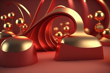  a red and gold background with a number of balls and a wave of red and gold shapes with a red background and a red background with gold balls.  generative ai