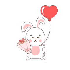Cute rabbit character holding heart shaped baloon and flowers, illustration for Valentines day